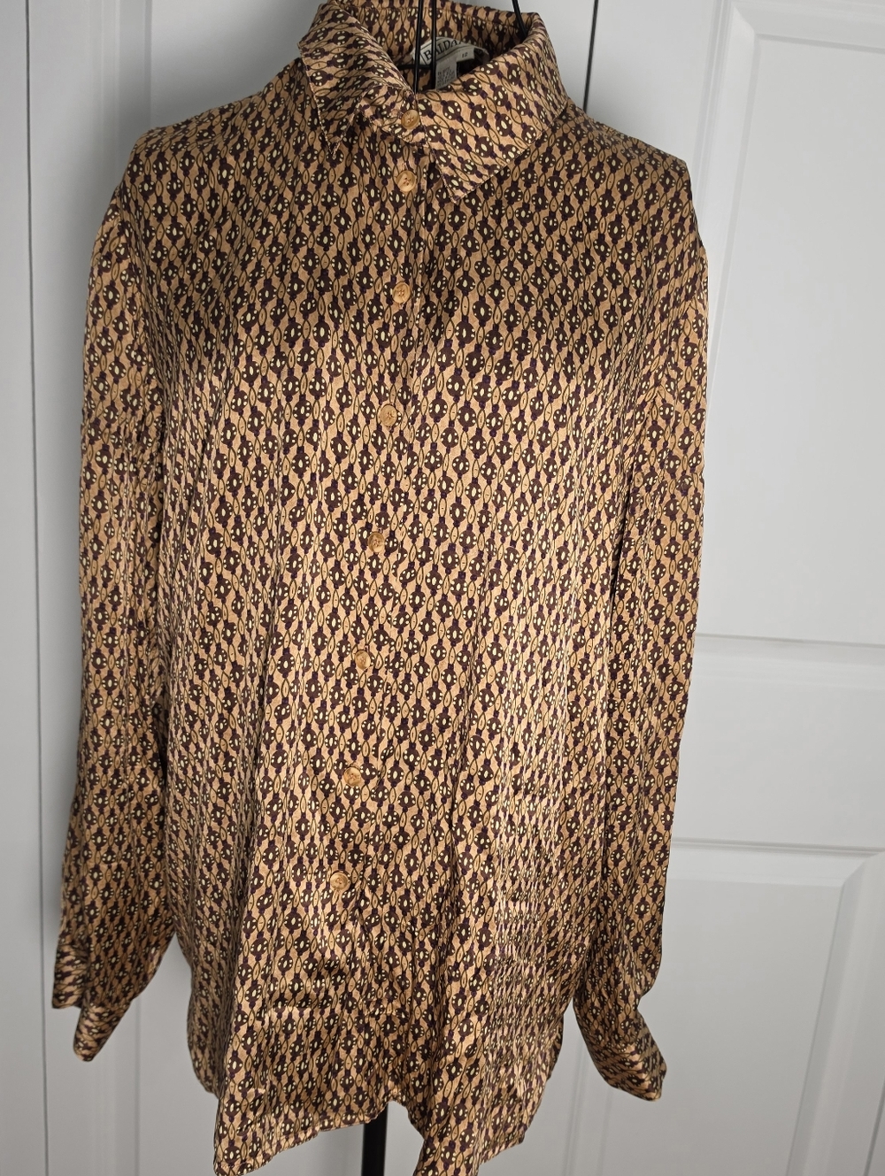 Vintage Silk Blouse Womens 12 Gold Brown Geometric Button Up Retro 90s